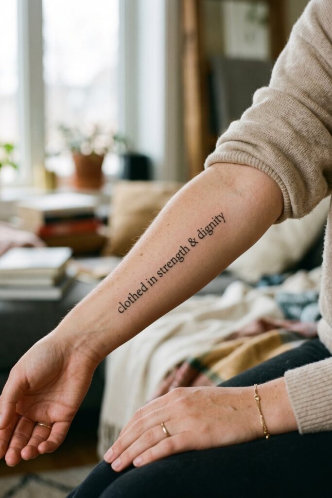 The scripture reference Proverbs 31:25 tattooed in a clean serif font on a wrist