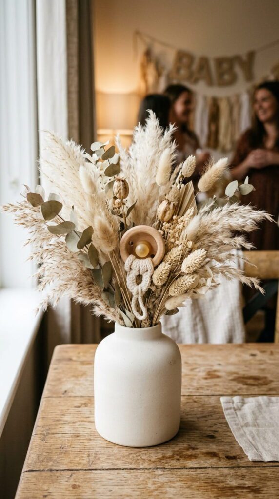 A small wooden pacifier tucked inside a bouquet of white ranunculus and greenery