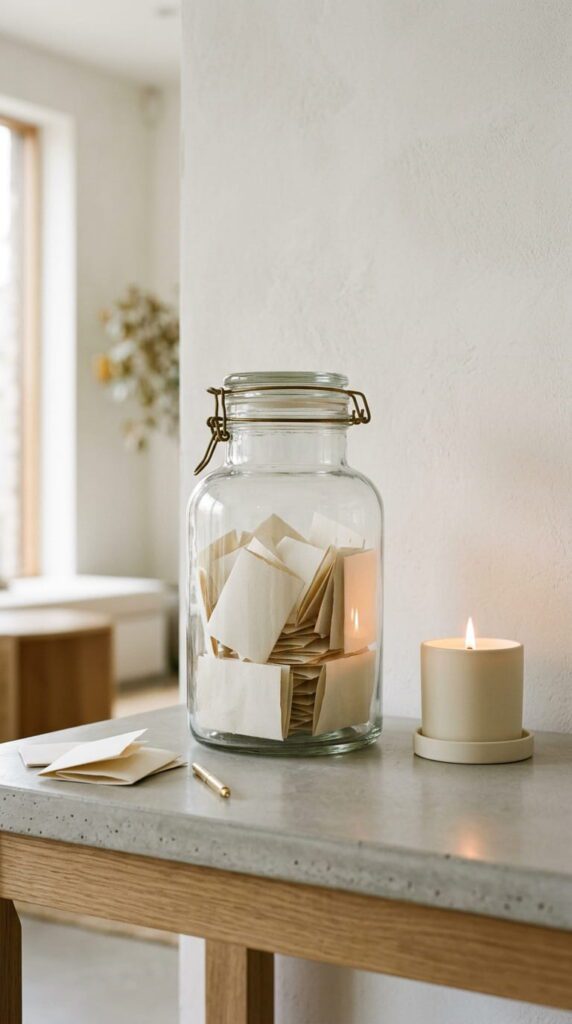 A clear glass jar on a table next to a burning candle and a stack of small note cards
