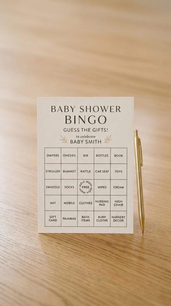 A beautifully set baby shower table with pastel floral arrangements and elegant guest bingo cards placed at each setting