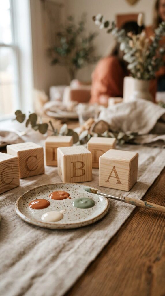 Unfinished wooden alphabet blocks next to paint brushes and small cups of earth-toned paint