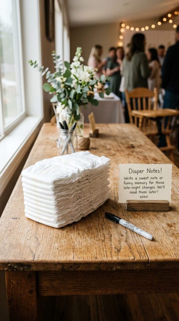 A stack of white diapers next to black fine-tip pens on a decorated wooden table