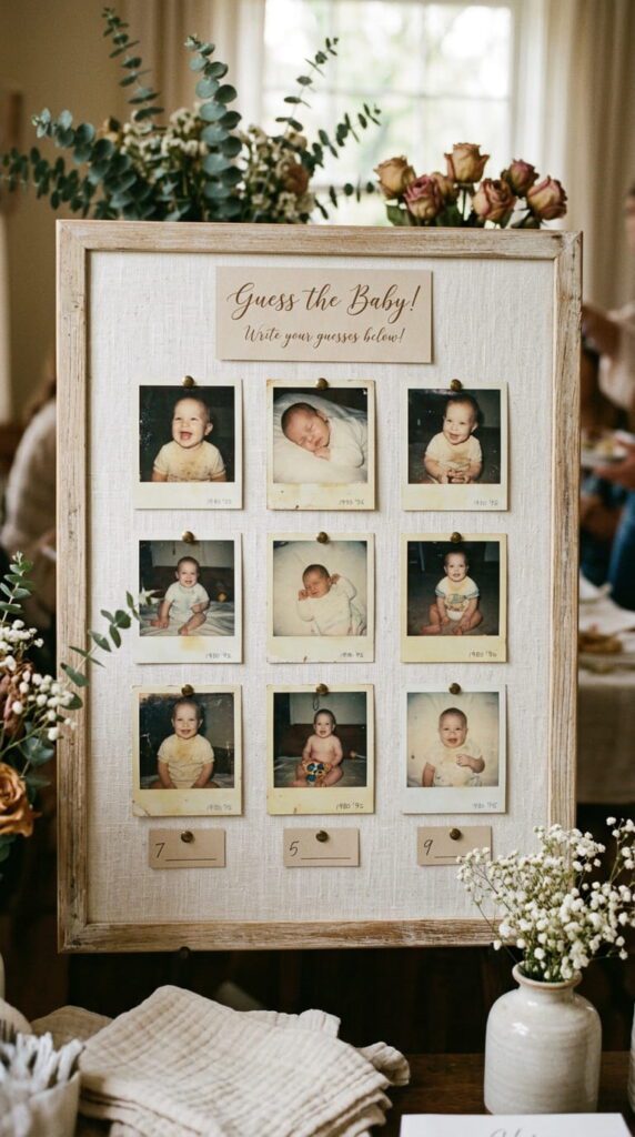 A linen bulletin board displaying numbered baby photos with green eucalyptus leaves on the sides