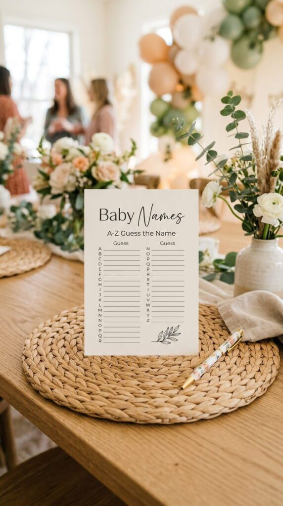 Printable celebrity baby name match sheets on a light wood tabletop with pens
