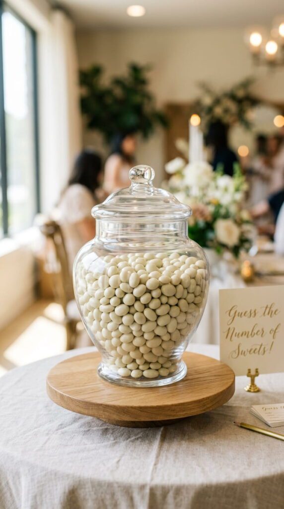 A glass apothecary jar filled with white jordan almonds next to guessing slips