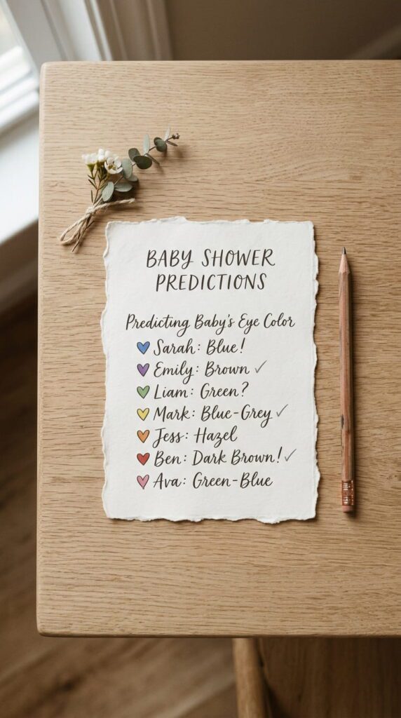 A baby trait prediction card resting on a pastel plate at a dinner setting