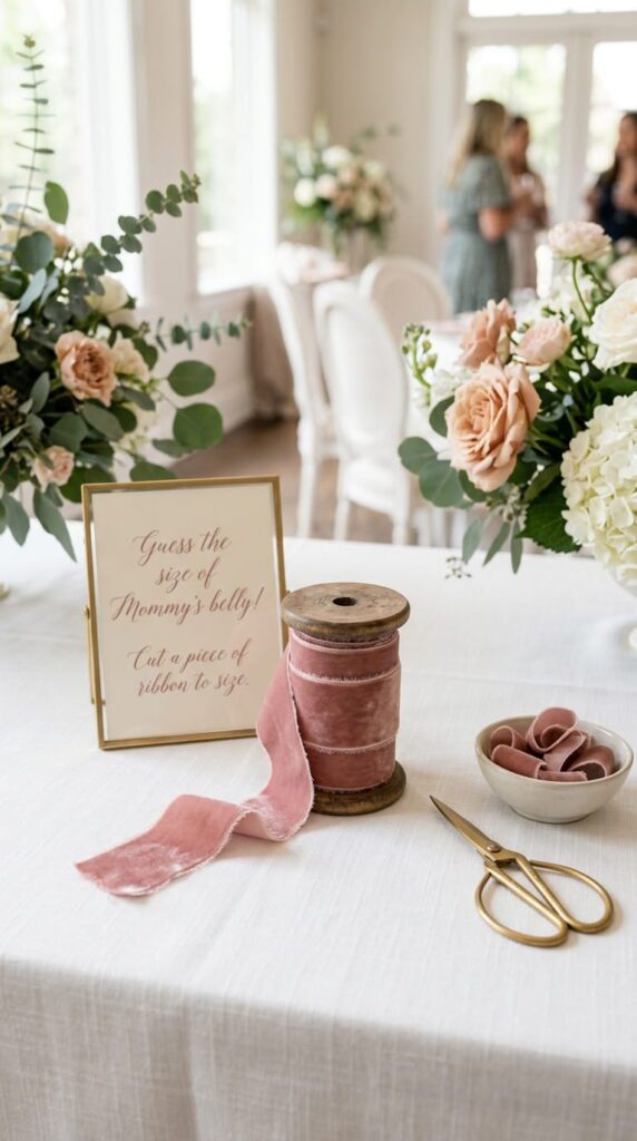A spool of soft terracotta velvet ribbon next to scissors on a white linen tablecloth
