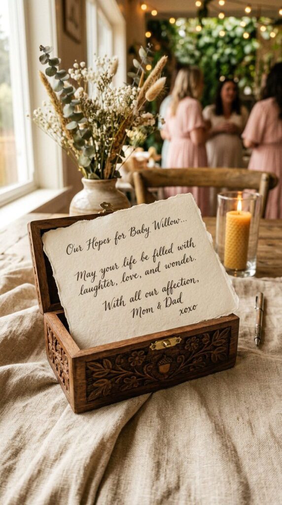 A beautifully carved wooden box on a table with cardstock paper and writing pens