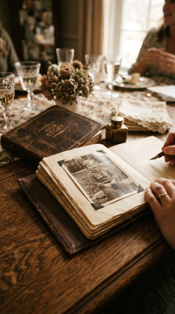 A leather photo album open to vintage childhood photos of a man and a woman