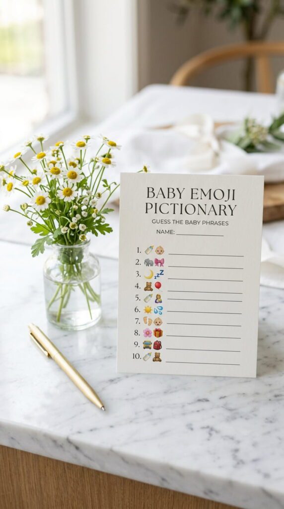 Emoji pictionary game sheets on wood clipboards with pencils at each table setting