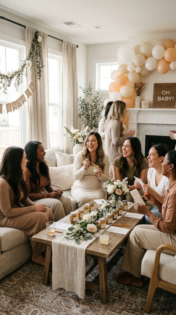 A group of women laughing around a beautifully styled living room couch at a baby shower