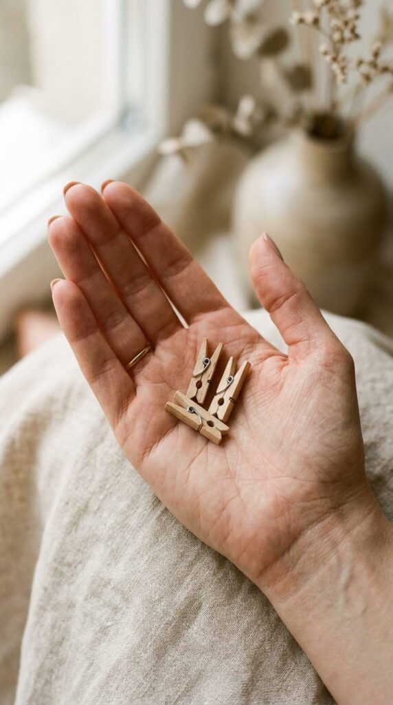 A close-up of hands holding tiny wooden clothespins over a rustic table display