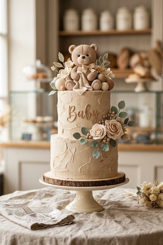 A beautifully frosted two-tier baby shower cake in soft ivory buttercream with a tiny fondant teddy bear sitting on top, surrounded by sugar clouds