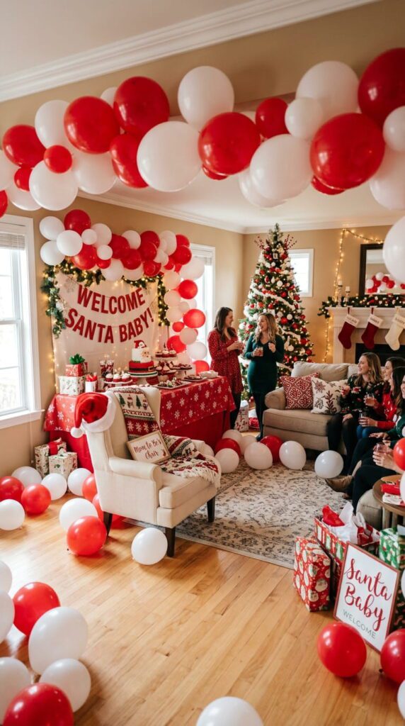 A beautifully decorated Christmas baby shower table with red balloons, white table settings, and Santa-inspired cookies