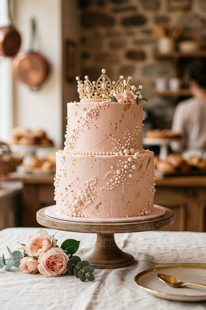 A regal two-tier baby shower cake in soft pink and gold, topped with a delicate golden princess tiara