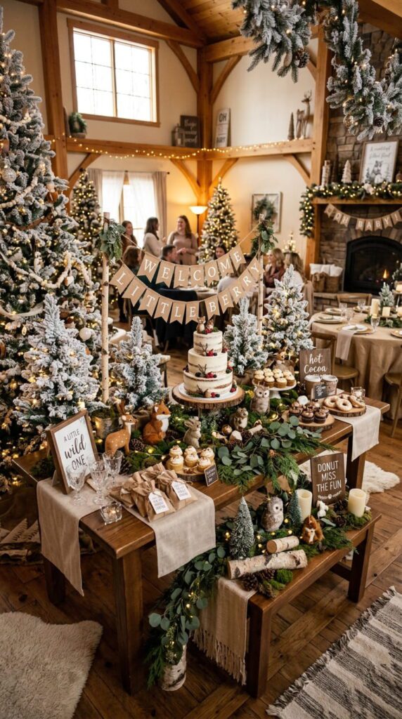 A woodland winter baby shower layout featuring pine tree greenery, small wooden deer figures, and frosted pinecones