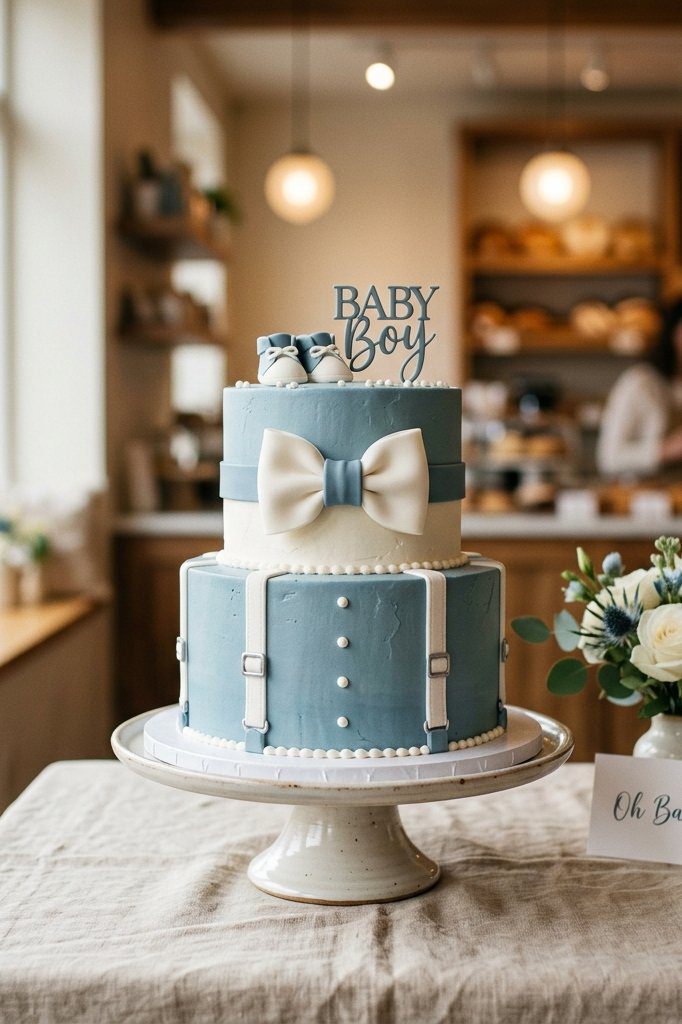 A baby boy shower cake decorated with blue suspenders, a grey bow tie, and small white mustache fondant cutouts