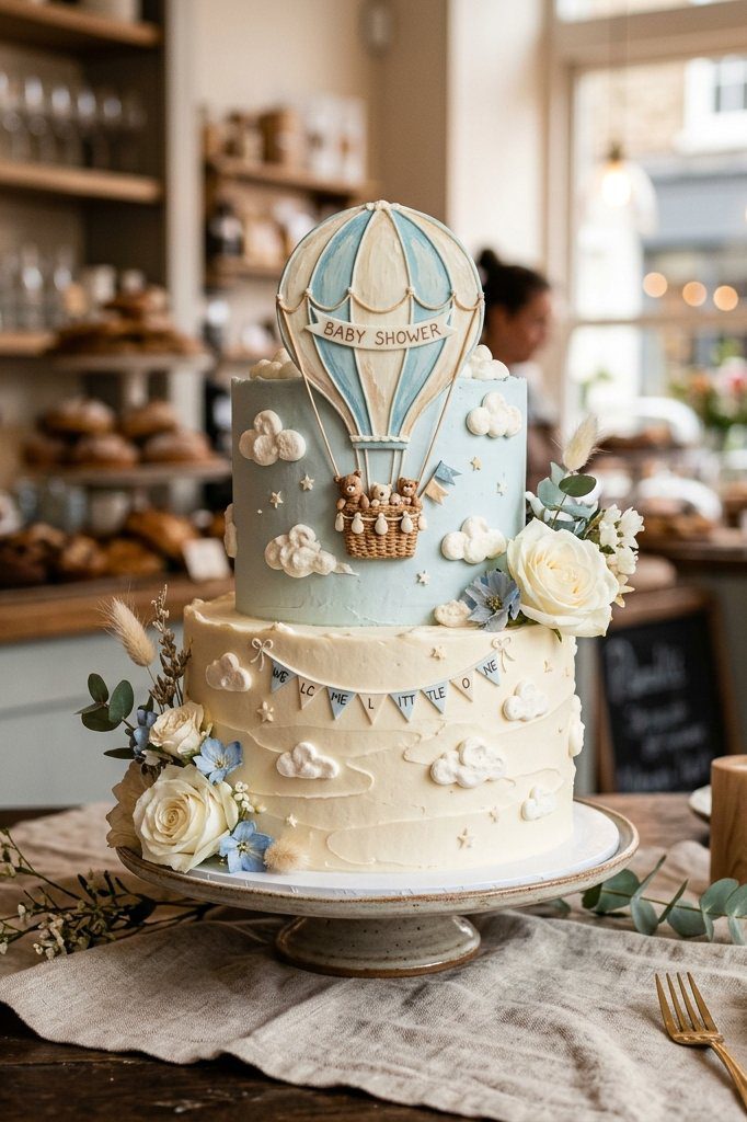 A dreamy cake topped with a realistic 3D hot air balloon made of light blue and white stripes, floating above fondant clouds