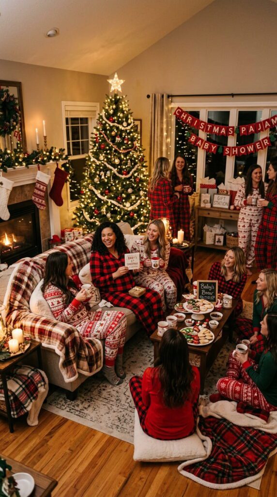A relaxed winter baby shower setting with cozy blankets, holiday pillows, and a hot cocoa station