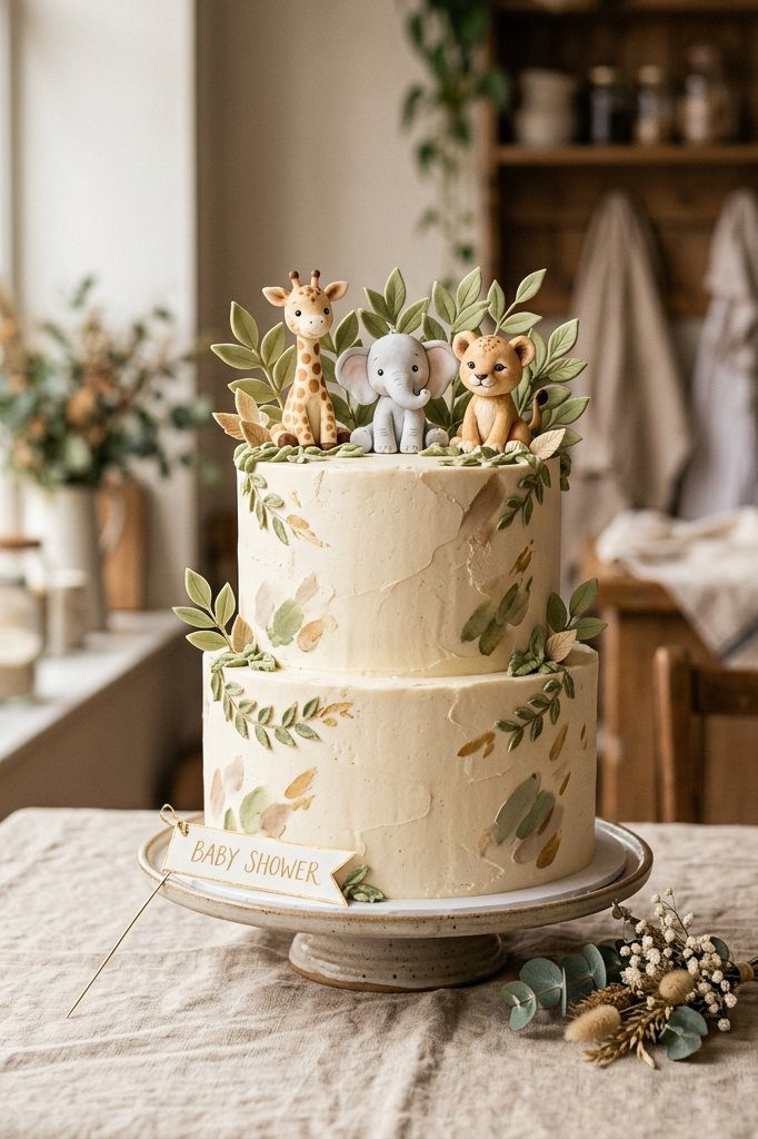 A neutral safari-themed cake featuring small fondant giraffes, lions, and elephants amidst tropical green sugar leaves
