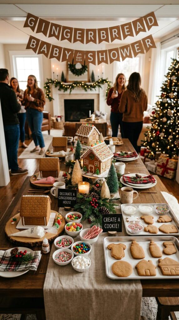 A whimsical gingerbread themed baby shower table with miniature gingerbread houses and warm brown balloon garlands