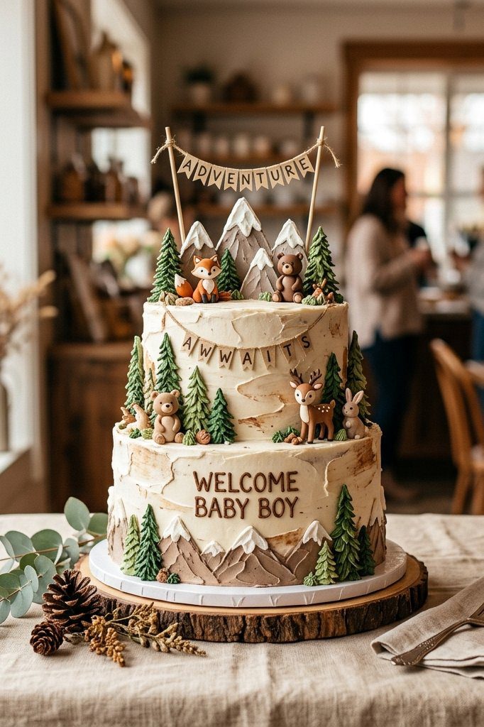 A woodland-inspired cake decorated with green buttercream pine trees, fondant mountains, and small forest animals