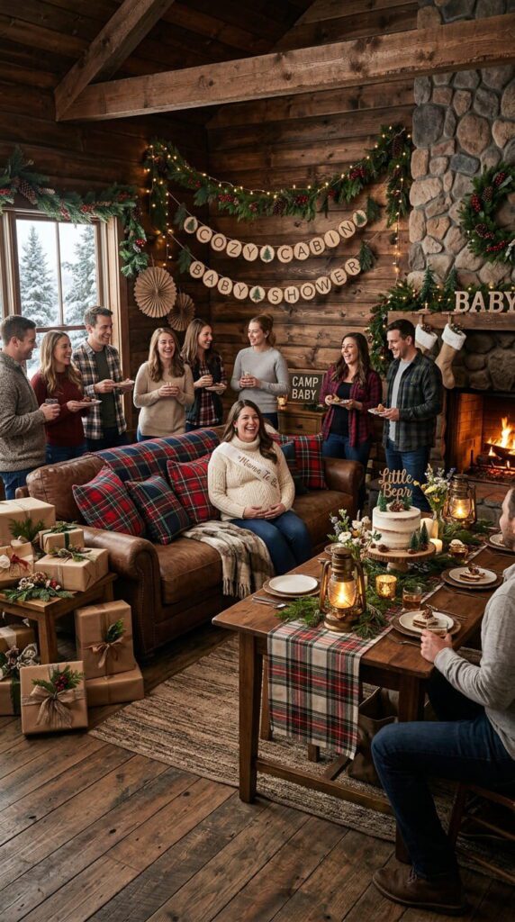 A rustic cabin baby shower design with plaid napkins, wooden logs, and evergreen branches in glass vases