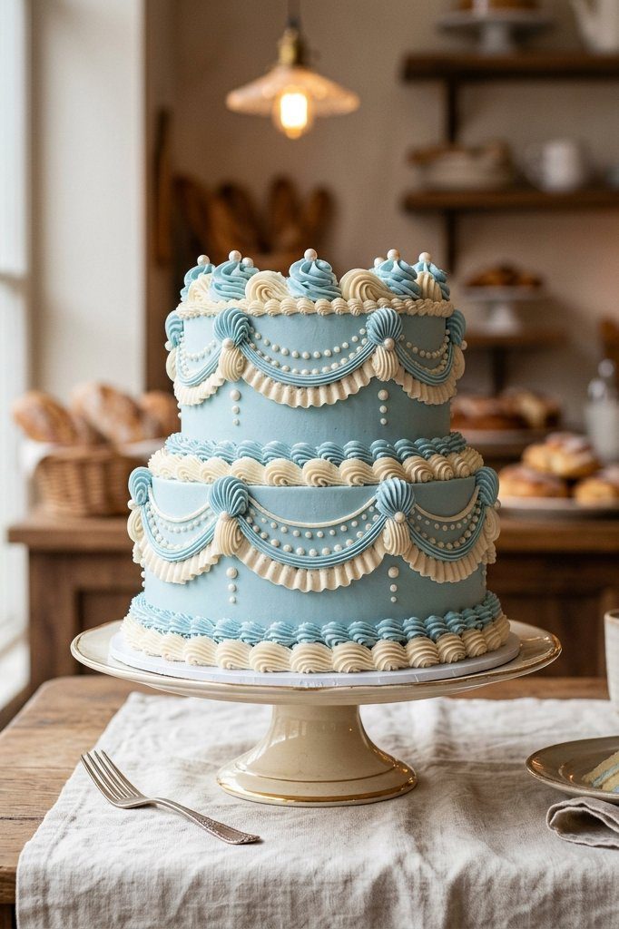 A vintage baby blue cake decorated with ornate Lambeth-style shell piping and delicate lace borders