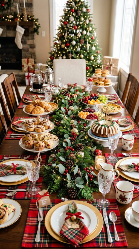 A festive morning baby shower table set with white plates, red napkins, and plates of holiday pastries
