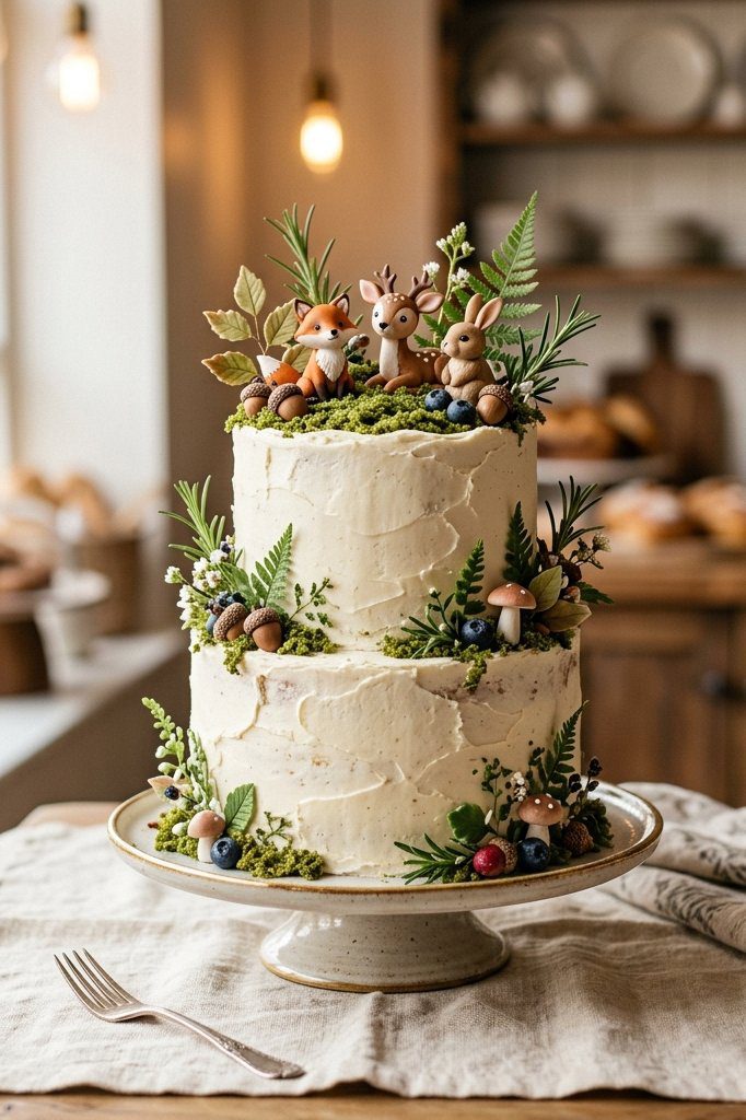 A rustic birch log cake topped with cute fondant woodland creatures like a deer, fox, and rabbit