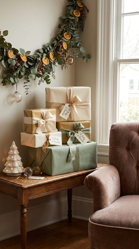 A Christmas baby shower backdrop with beautifully wrapped gift boxes, large red bows, and holiday decorations