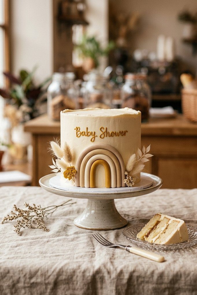 A modern neutral baby shower cake with an earthy terracotta and beige rainbow motif painted in buttercream