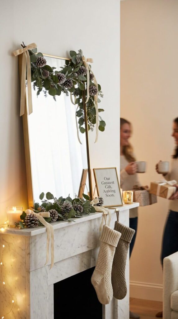 A warm and elegant holiday baby shower corner with soft fairy lights, comfortable armchairs, and evergreen wreaths