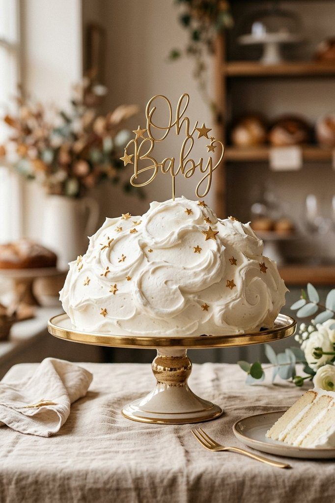 A white cake resembling a fluffy cloud, topped with small gold stars and a sleeping baby figurine on a cloud