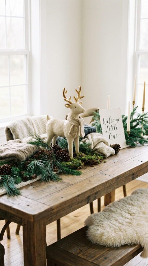 A cute reindeer baby shower setup with reindeer balloon shapes, brown backdrops, and woodland table decorations