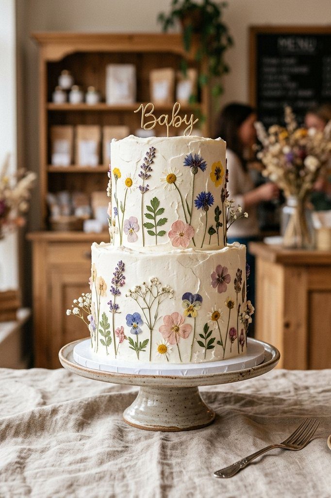 A simple frosted cake decorated with pressed colorful wildflowers along the sides on a white ceramic stand