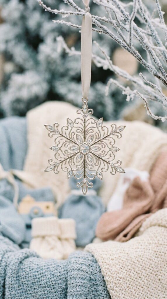 A gentle winter baby shower table decoration with snowflake motifs, white flowers, and soft grey candles