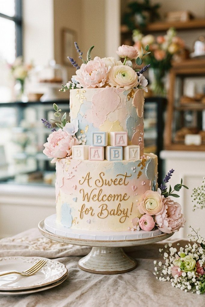 A light blue and white baby shower cake decorated with pastel yellow, pink, and blue fondant alphabet blocks spelling out the word BABY
