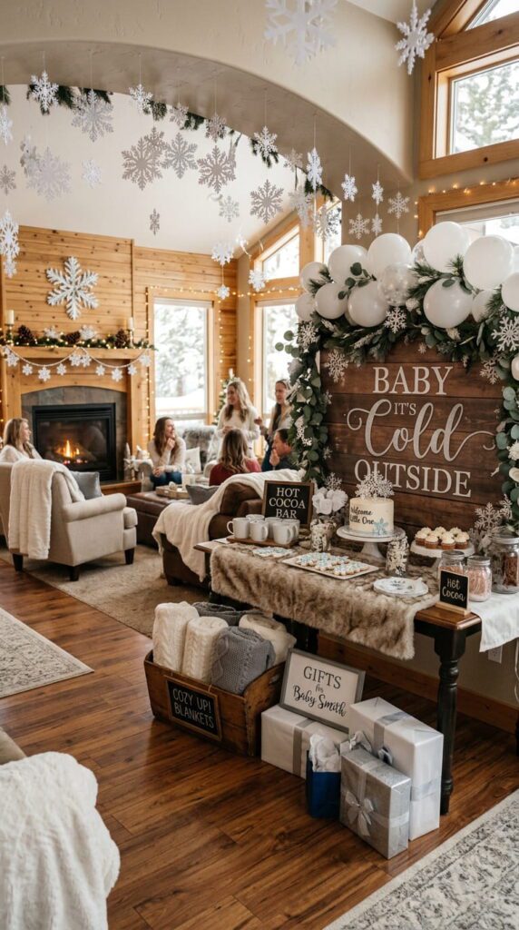 A cozy indoor winter baby shower setting with white and blue balloons, snowflake decorations, and soft blankets on chairs