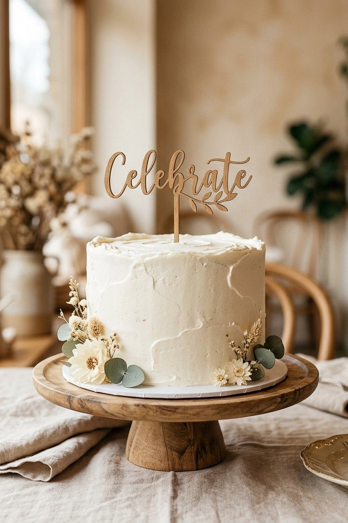 A sleek single-tier minimalist white cake with a simple line drawing of a pregnant mother silhouette in black frosting