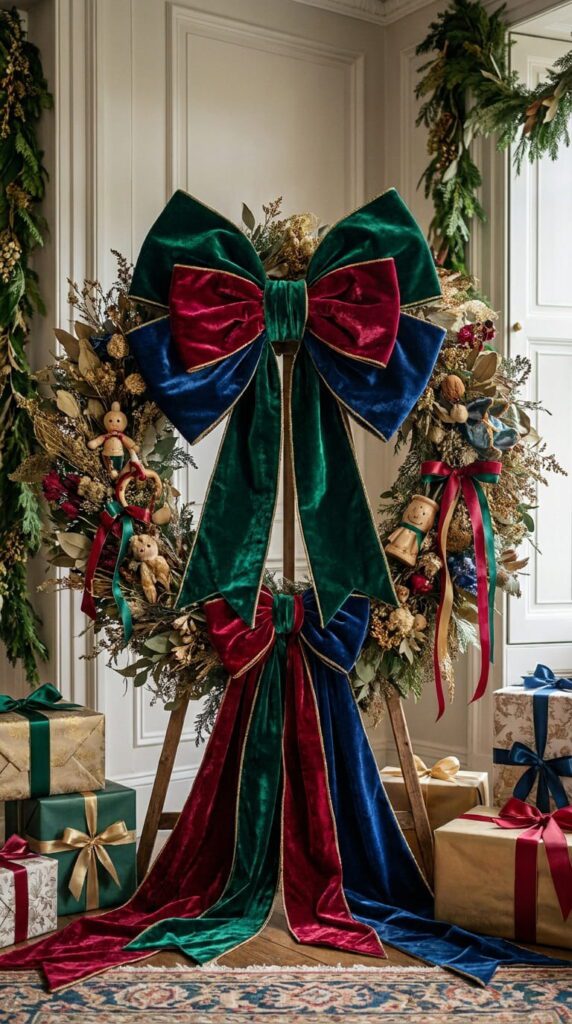 A festive holiday baby shower display featuring large decorative bows, gift boxes, and pine tree garlands