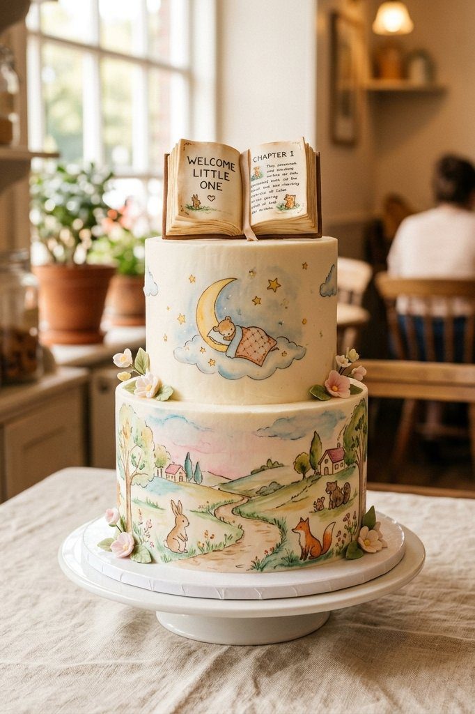 A storybook cake designed to look like an open vintage children book with Peter Rabbit illustrations drawn on the pages