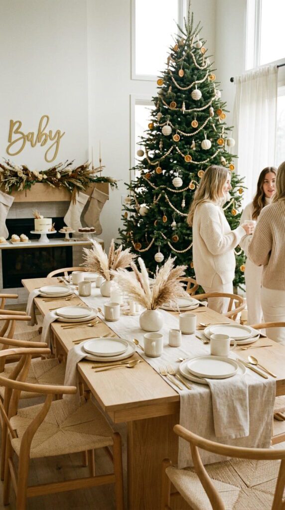 A neutral holiday baby shower design with cream balloons, dried florals, and golden accents