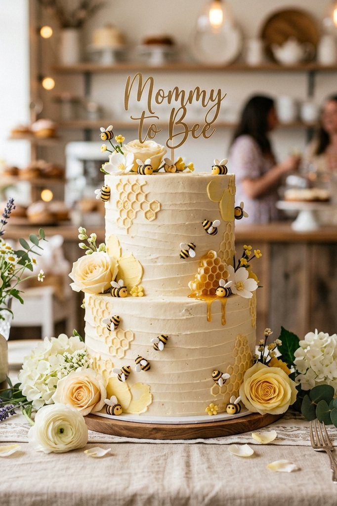 A bright yellow and white honeybee cake featuring sweet fondant bees, a honeycomb pattern, and a Mommy to Bee topper