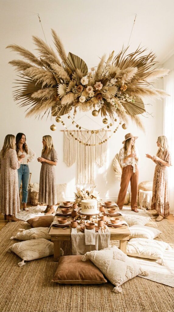A trendy bohemian Christmas baby shower layout with pampas grass, dried palm leaves, and subtle evergreen accents