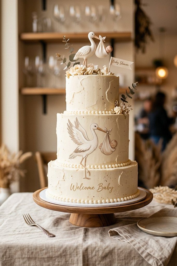 A pastel green cake topped with a white stork carrying a small baby bundle in its beak, surrounded by delicate stars