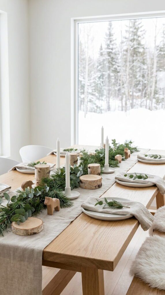 A minimalist Nordic baby shower table design with clean lines, natural pine garlands, and wooden taper candle holders