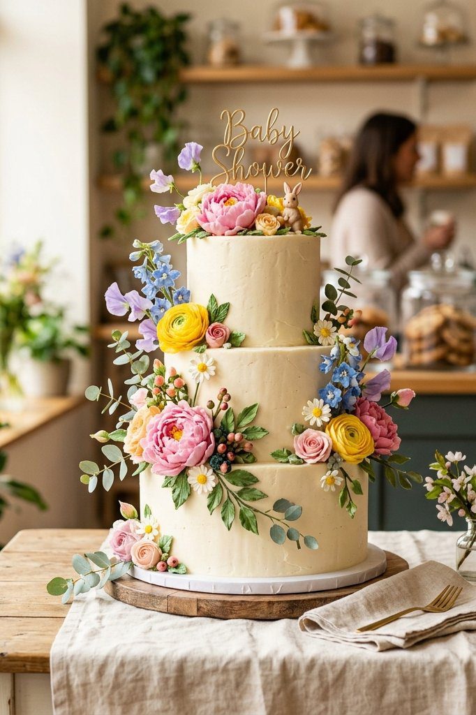 A vibrant floral cake featuring edible flowers in full bloom with a gold wood cake topper that reads Baby in Bloom