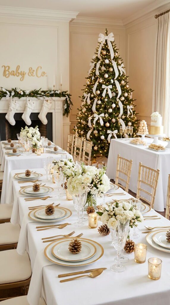 A luxurious holiday baby shower table setting with gold charger plates, white floral centerpieces, and gold ornaments