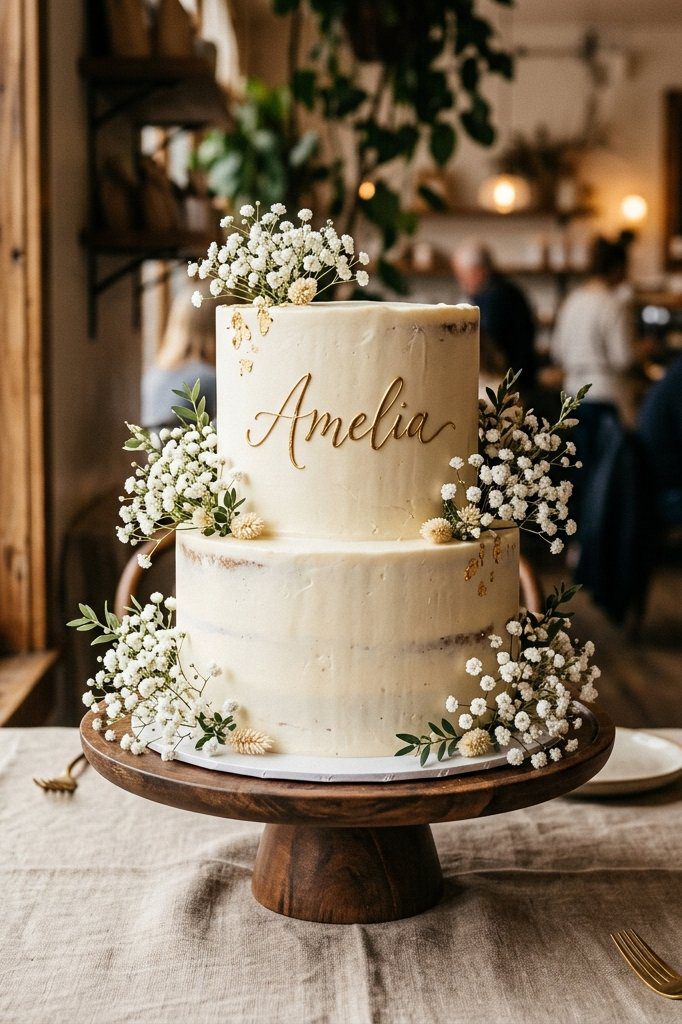 A two-tier name reveal cake with a script name topper, decorated in neutral white and gold with matching macarons